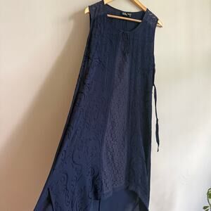 Y2K Vintage Navy Blue Embroidered Lace Cutout Hi Low Midi Sundress Size M